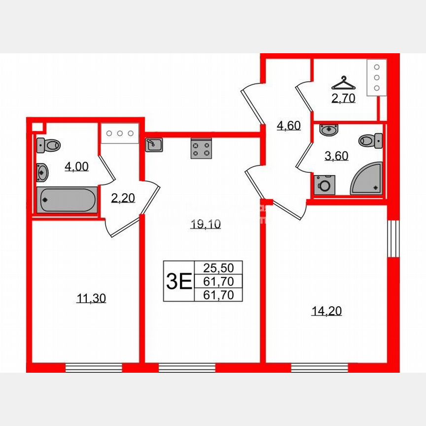 2-к. квартира, 61,7 м², 6/25 эт.