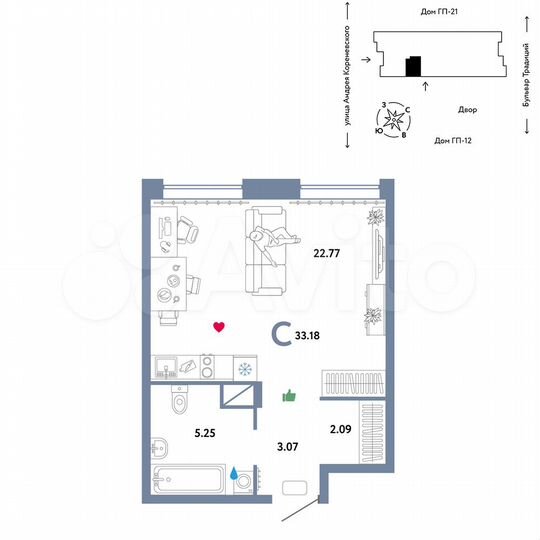 Квартира-студия, 33,2 м², 7/14 эт.