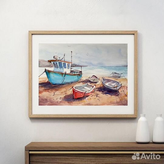 Картина для интерьера. Акварель. Лодки