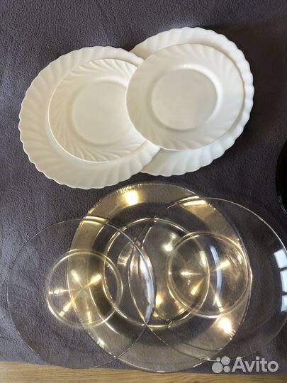 Набор стеклянных тарелок б/у.Белые/коричнев France