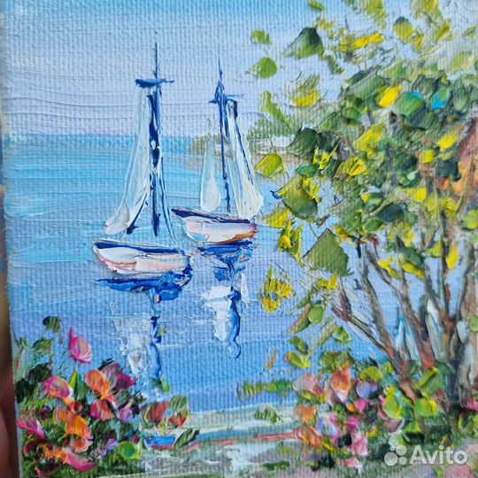 Картина маслом пейзаж цветы морской берег 15х20