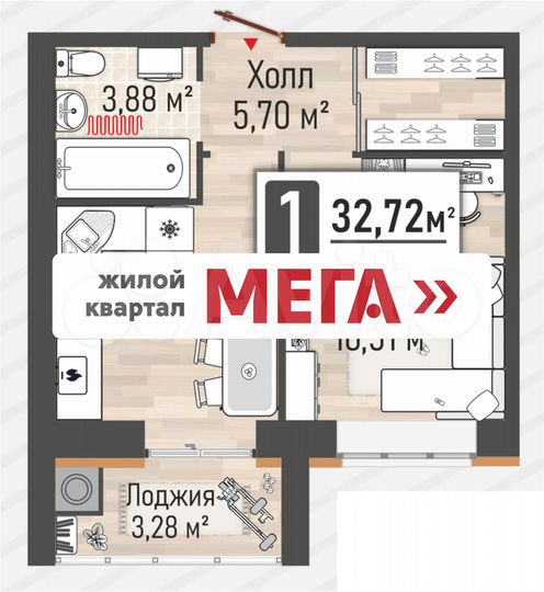 1-к. квартира, 32,7 м², 9/10 эт.