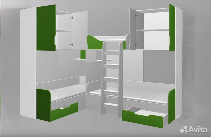 Кровать Трио с антресолями Дуб Молочный/Розовый