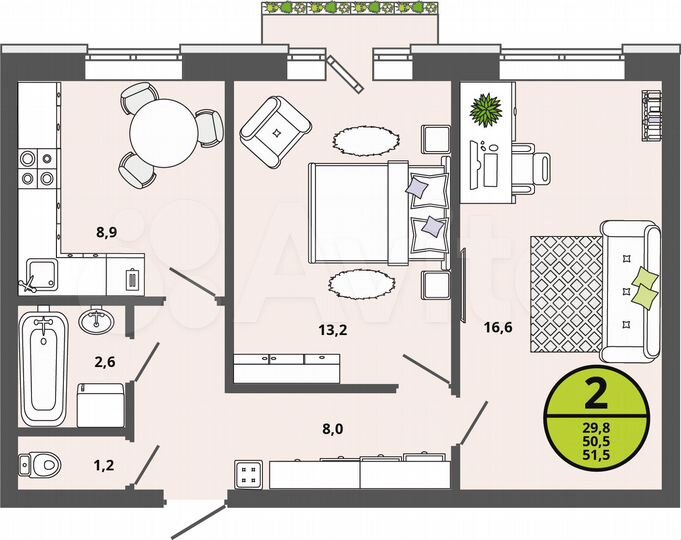 2-к. квартира, 50,5 м², 2/3 эт.