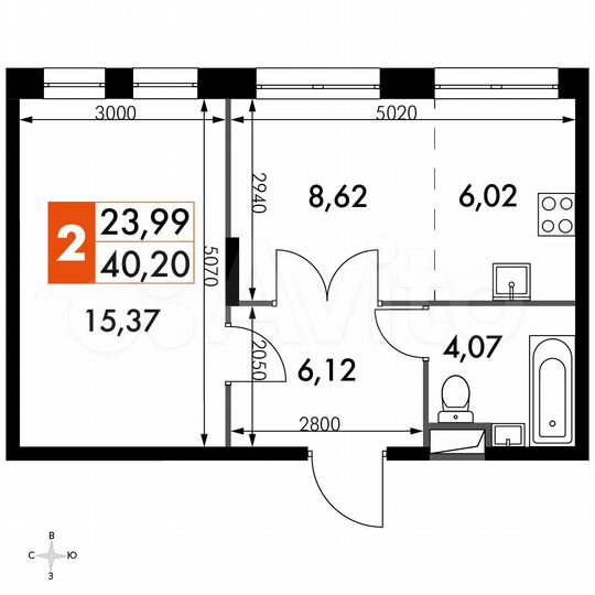 2-к. апартаменты, 40,2 м², 7/15 эт.