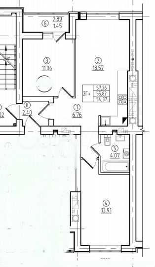2-к. квартира, 57,3 м², 6/9 эт.