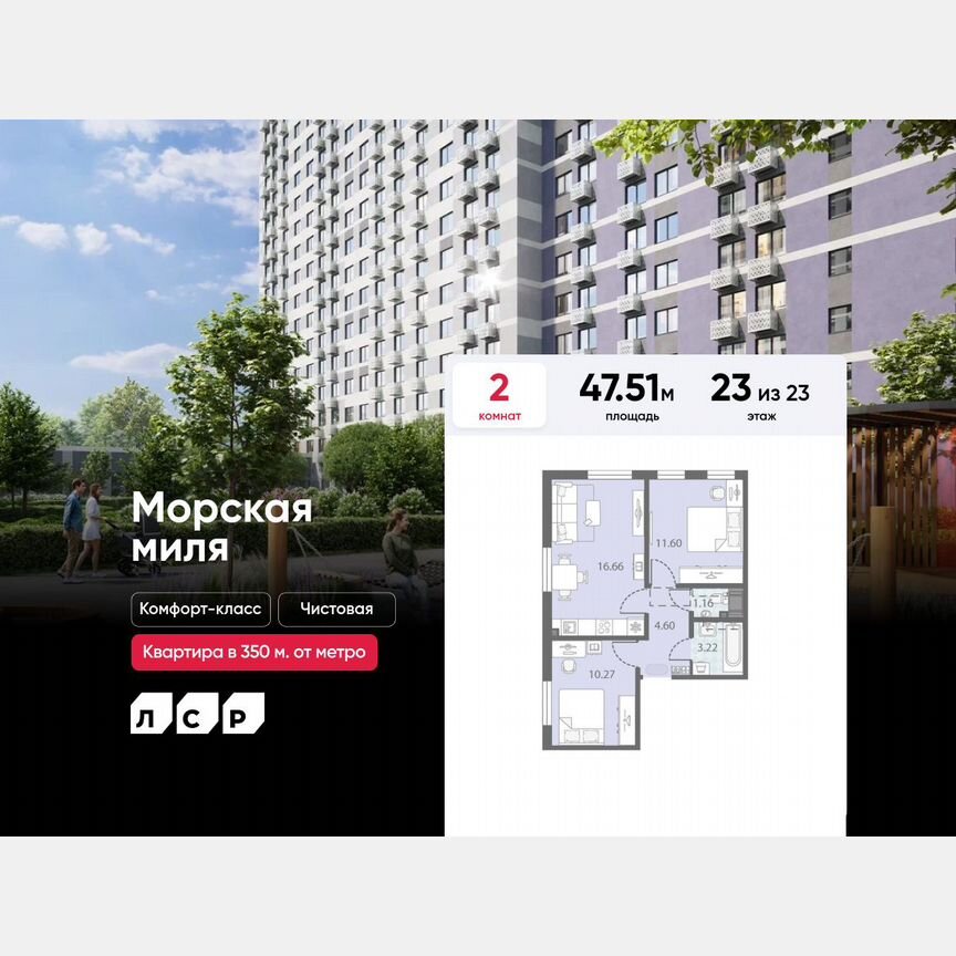 2-к. квартира, 47,5 м², 23/23 эт.