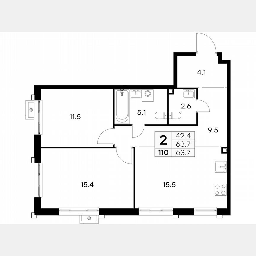 2-к. квартира, 63,7 м², 15/23 эт.