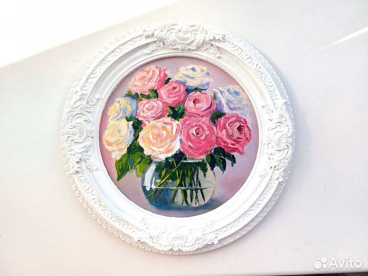 Картина маслом в раме Цветы Букет роз в вазе