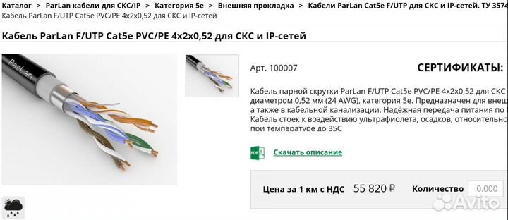 305 м витая пара parlan f/utp cat5e 4х2х0.52