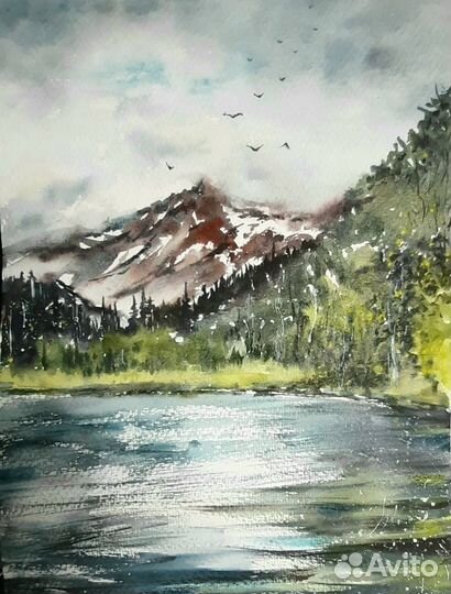 Картина Горный пейзаж акварель, хлопок