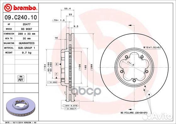 Диск торм.пер.вент.288x33 5 отв. ford Tourneo