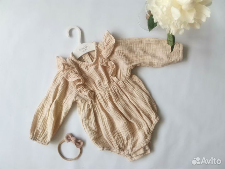 Боди 74 80 детское муслин с повязкой на голову