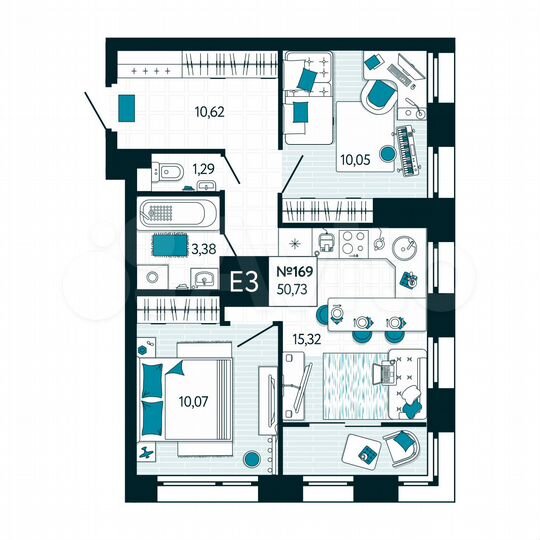 2-к. квартира, 50,7 м², 15/15 эт.