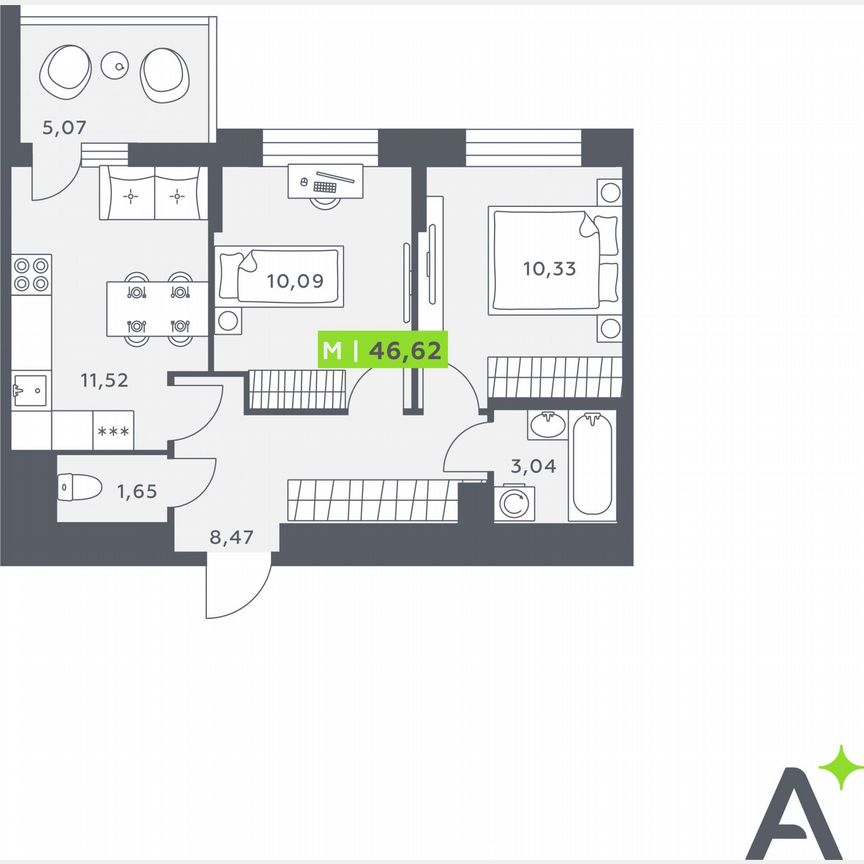 2-к. квартира, 46,6 м², 7/12 эт.