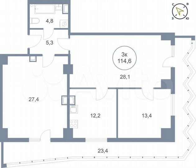 3-к. квартира, 114,6 м², 19/25 эт.