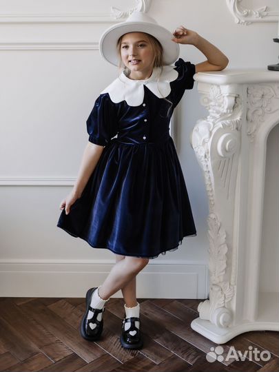 Платье синий бархат 116, 134 со съемным воротником