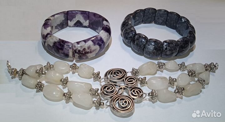 Браслет винтаж белый нефрит, аметист, ларвикит