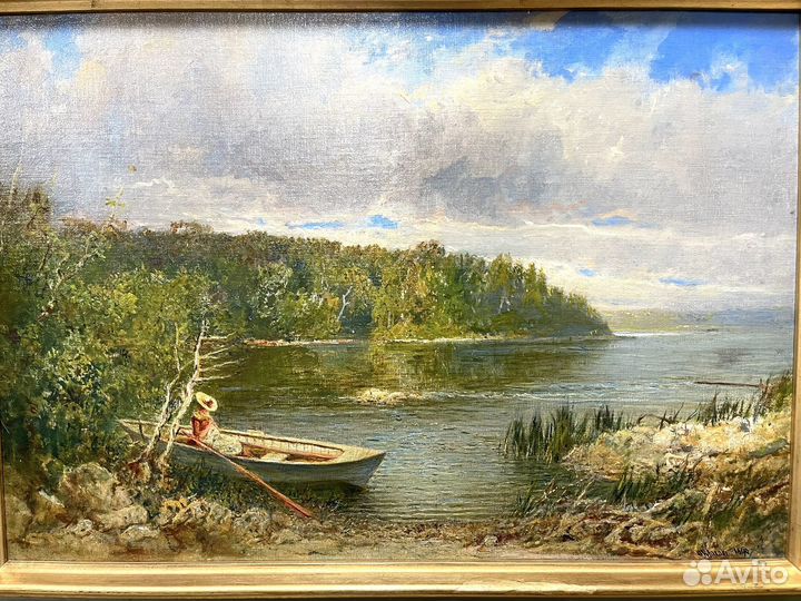 Антикварная картина «Девушка в лодке» масло, холст