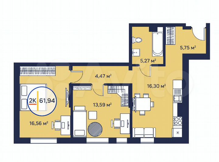 2-к. квартира, 62,1 м², 18/23 эт.