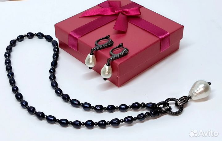 Комплект колье серьги натур.жемчуг синий павлин