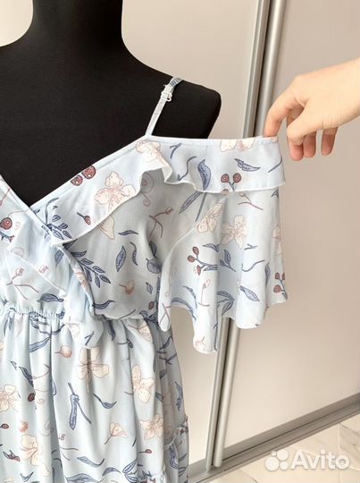 Голубое летнее платье миди 42-44 с оборками