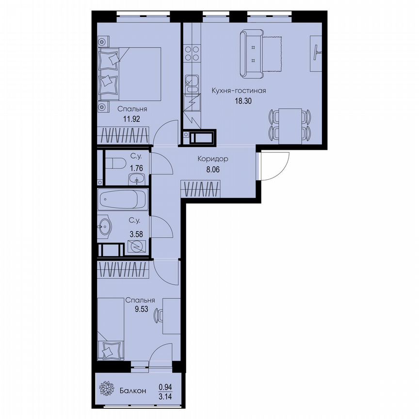 2-к. квартира, 54,1 м², 9/9 эт.