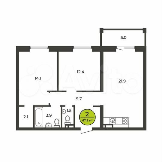 2-к. квартира, 67,9 м², 2/9 эт.