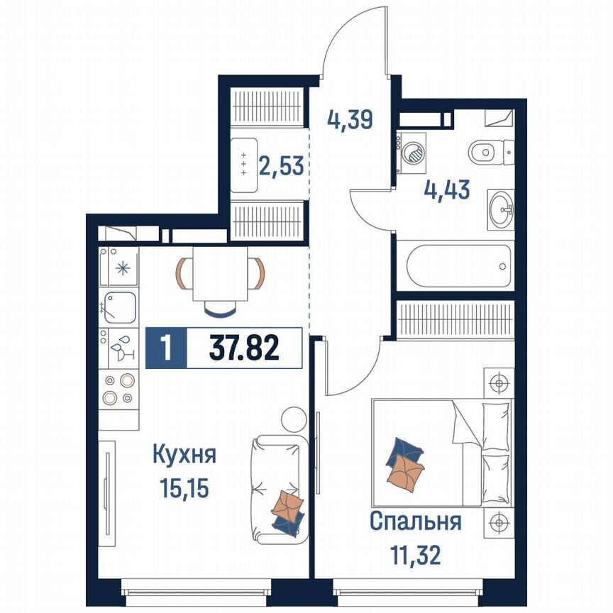 1-к. квартира, 37,8 м², 15/18 эт.