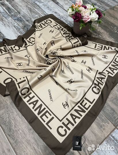 Шелковый платок шаль Chanel бежевый с коричневым