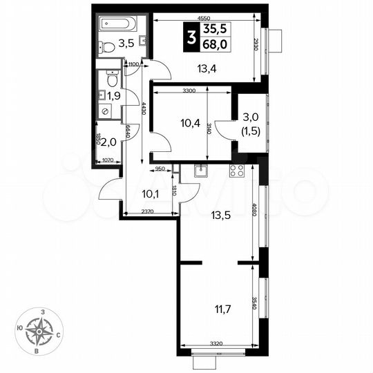 3-к. квартира, 68 м², 13/25 эт.