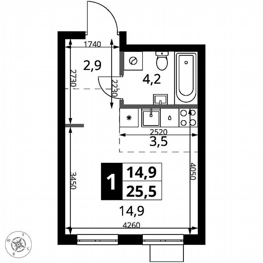 Квартира-студия, 25,5 м², 13/16 эт.