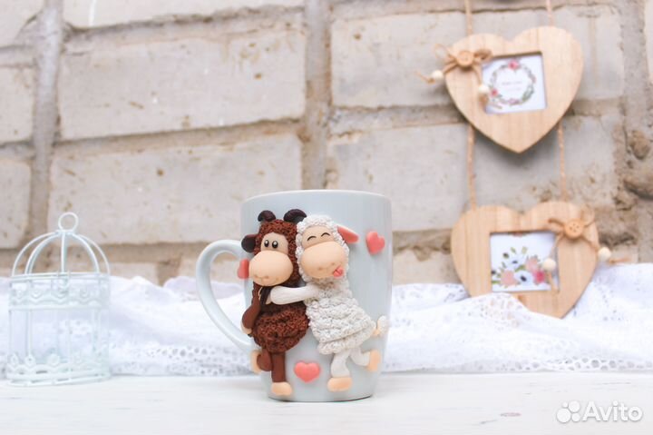 Кружка с декором из полимерной глины. Овечки