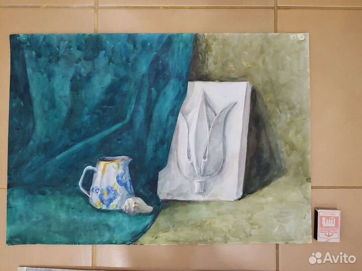 Акварель картина натюрморт на зелёном фоне