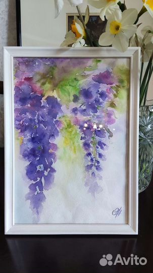 Картина акварель Цветы Глициния Розы
