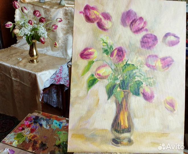 Картина цветы тюльпаны и белая сирень