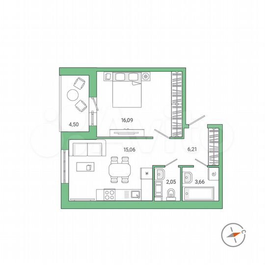 1-к. квартира, 45,3 м², 4/9 эт.