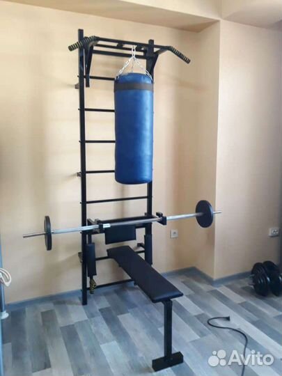 Шведская стенка с турником и брусьями и лежаком дл