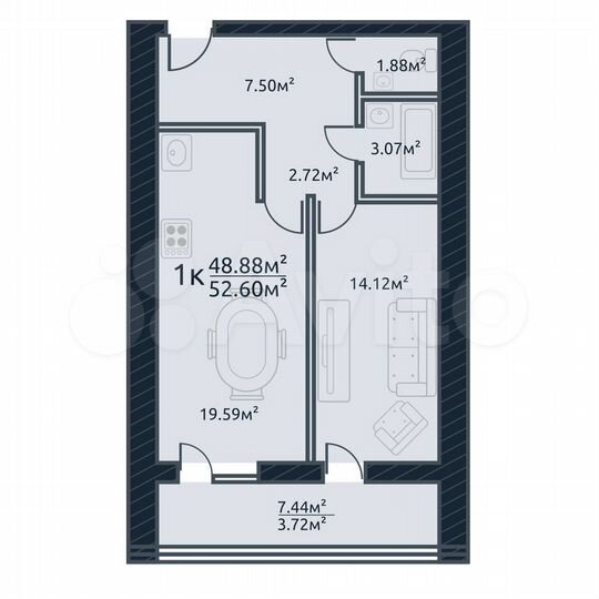 1-к. квартира, 52,6 м², 2/10 эт.