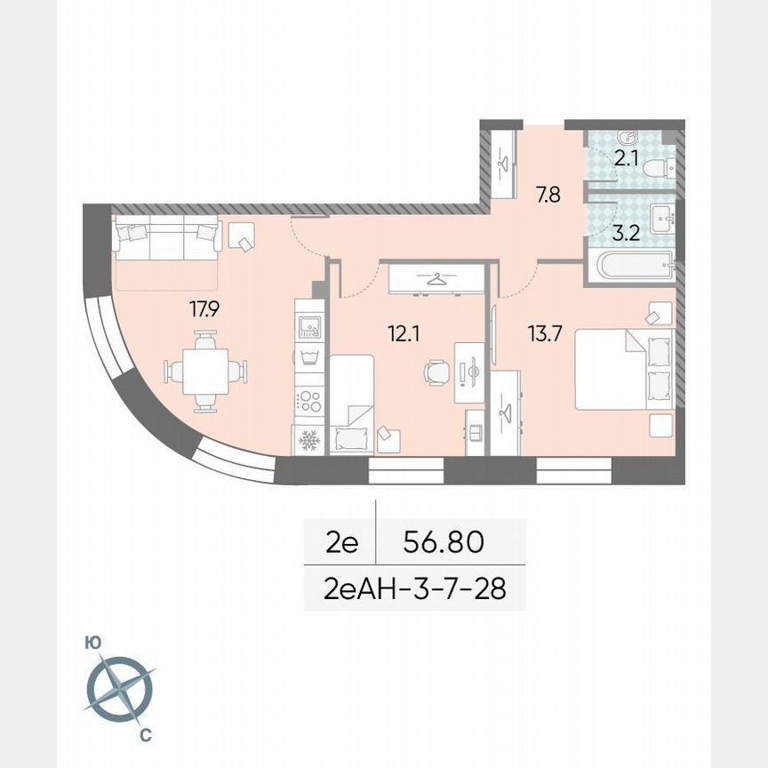 2-к. квартира, 56,8 м², 22/28 эт.