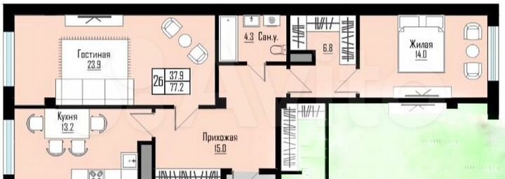 2-к. квартира, 77,2 м², 3/12 эт.