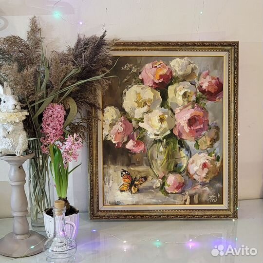 Пионы подарок девушке. Картина маслом. Холст, рама