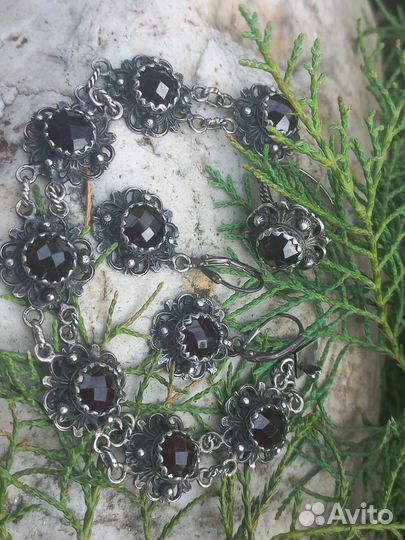 Комплект серебро 800, природные гранаты, антик