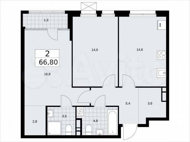 2-к. квартира, 66,8 м², 13/16 эт.