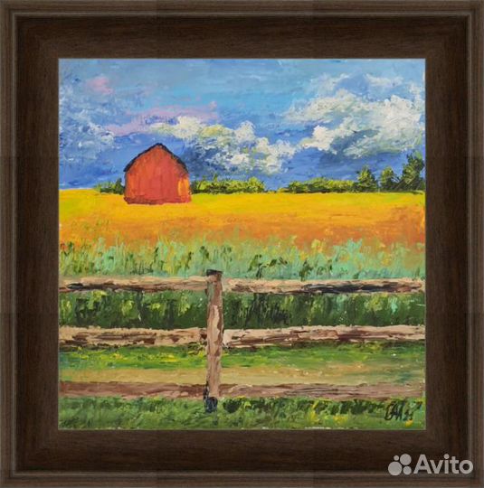 Картина маслом сельский пейзаж с красным амбаром