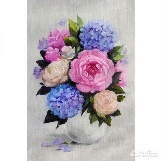 Картина холст / масло цветы Пион и гортензия 10х15