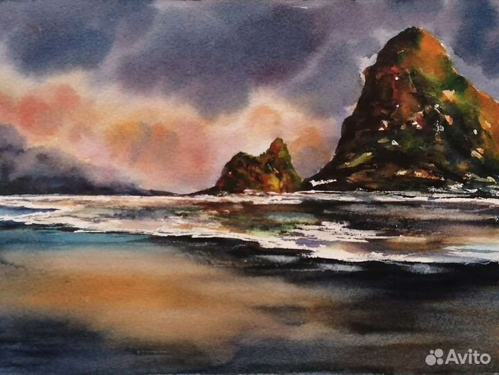 Фьорды на закате. Пейзаж, акварель