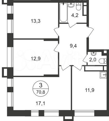 3-к. квартира, 70,8 м², 13/21 эт.