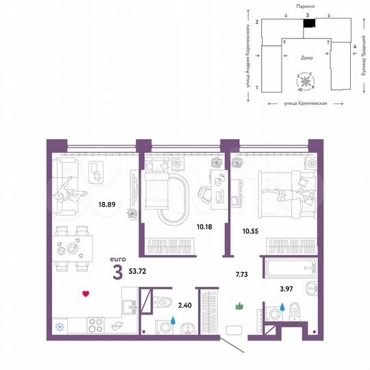 3-к. квартира, 53,7 м², 2/15 эт.