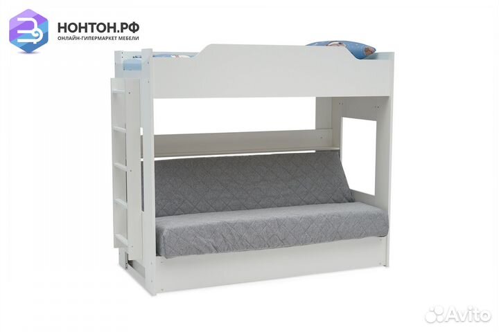 Двухъярусная кровать с диван-кроватью серый / белы